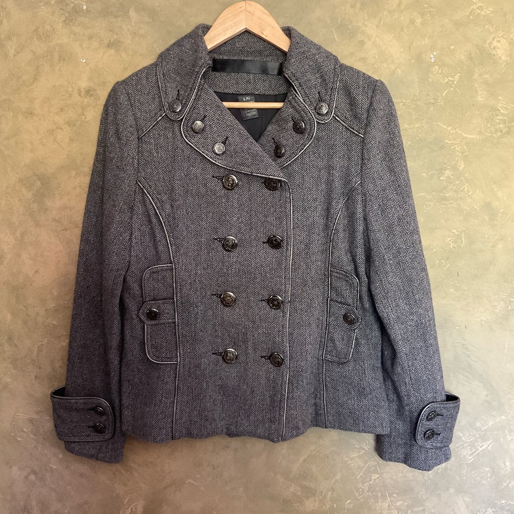 Vintage Y2K Nicole Benisti Wool Blend Herringbone Tweed Peacoat